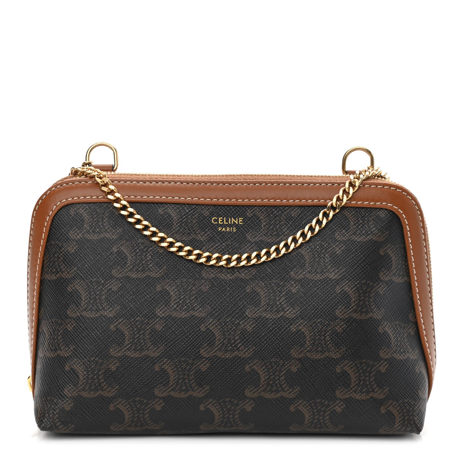 Celine Triomphe Canvas Calfskin Mini Clutch on Chain Tan 1 of 11