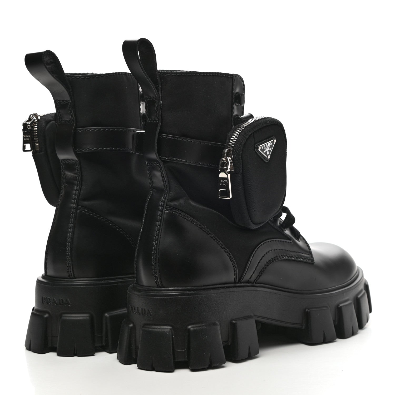 Prada Spazzolato Rois Re-Nylon Metal Triangle Logo Mens Monolith Pouch Pocket 60mm Combat Boots 7 Black 4 of 14