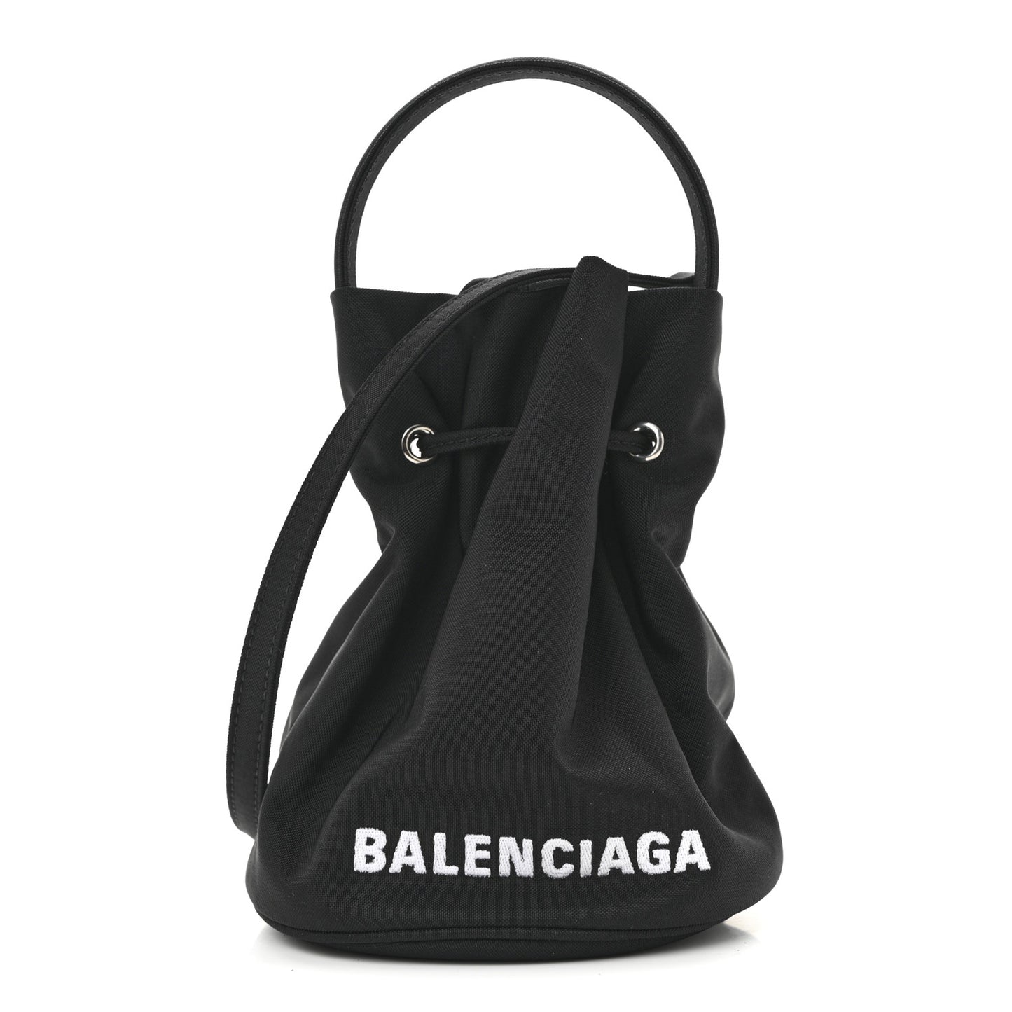 Recycled Sport Nylon Logo Embroidered Wheel Drawstring Bucket Bag Black White Black White
