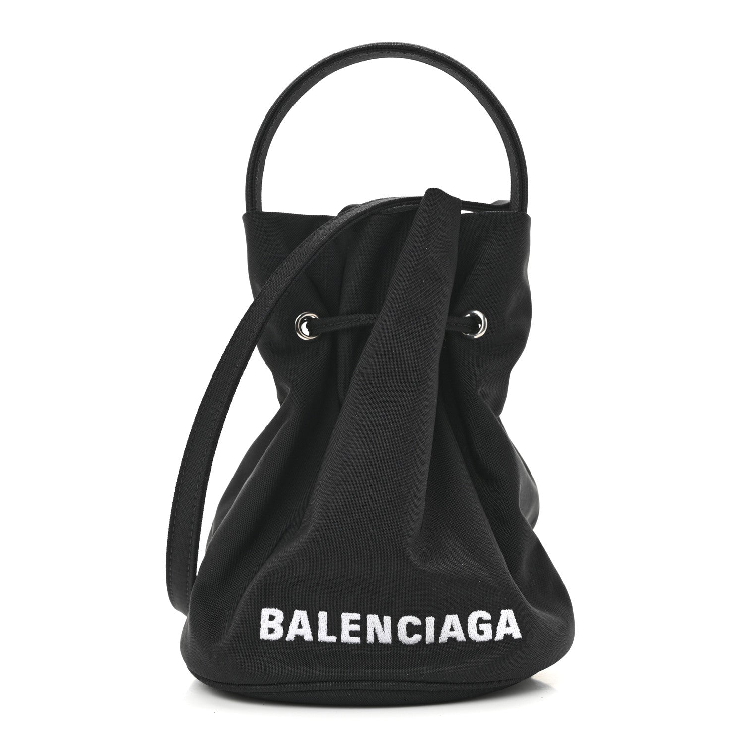 Balenciaga Recycled Sport Nylon Logo Embroidered Wheel Drawstring Bucket Bag Black White Black White 1 of 10