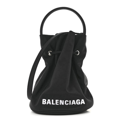 Balenciaga Recycled Sport Nylon Logo Embroidered Wheel Drawstring Bucket Bag Black White Black White 1 of 10