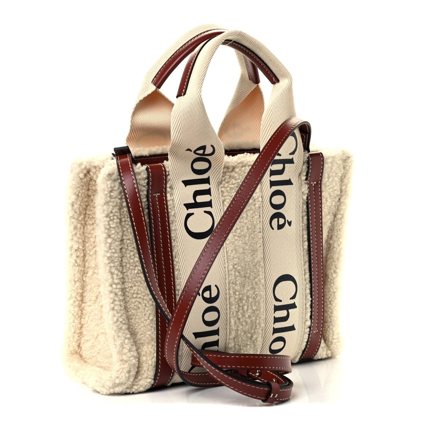 Shearling Calfskin Small Woody Ribbon Tote With Strap Mild Beige