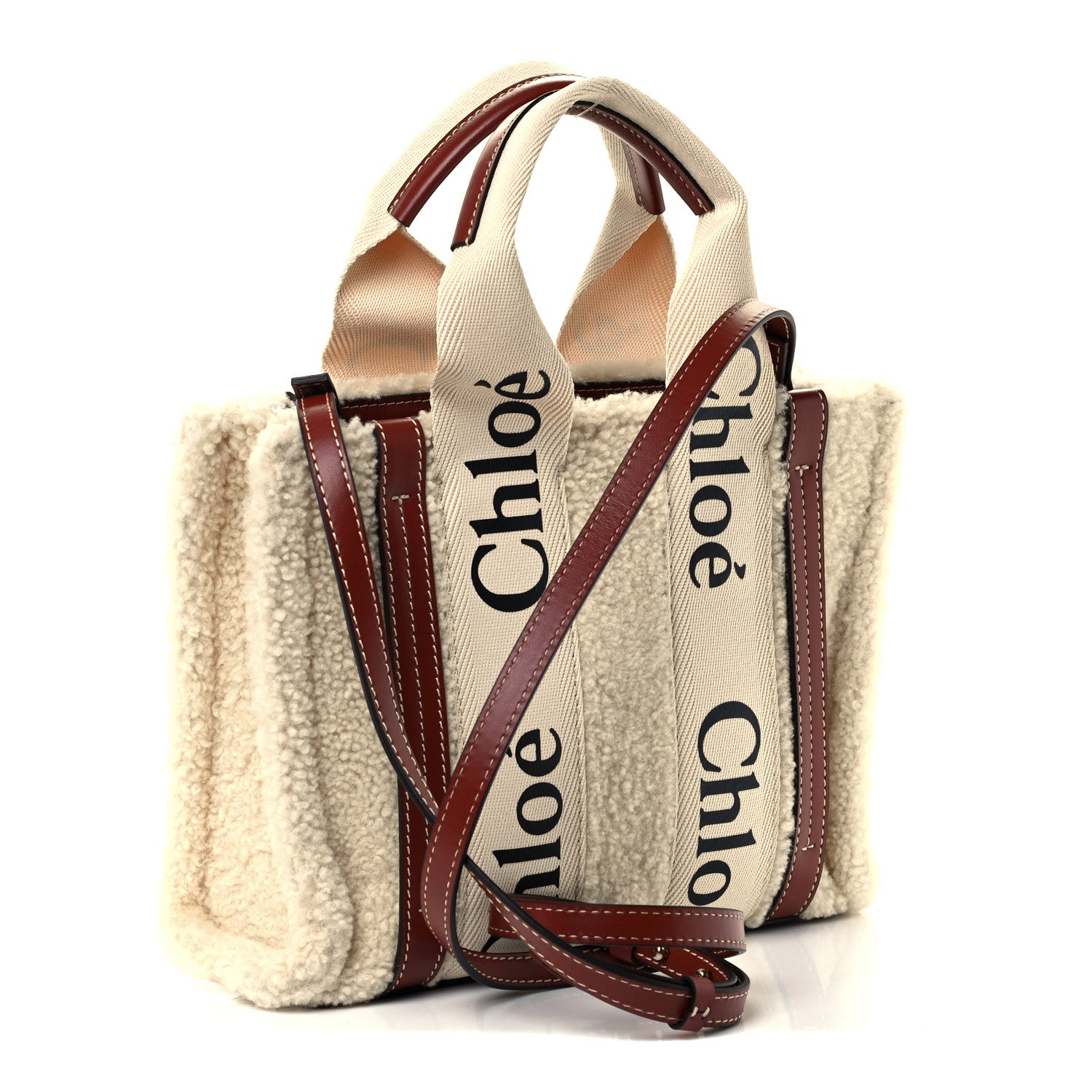 Chloe Shearling Calfskin Small Woody Ribbon Tote With Strap Mild Beige 3 of 10
