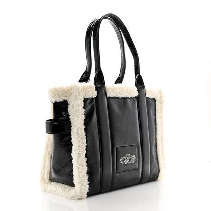 Marc Jacobs Shiny Calfskin Faux Shearling Large The Traveler Tote Bag Black 3 of 11