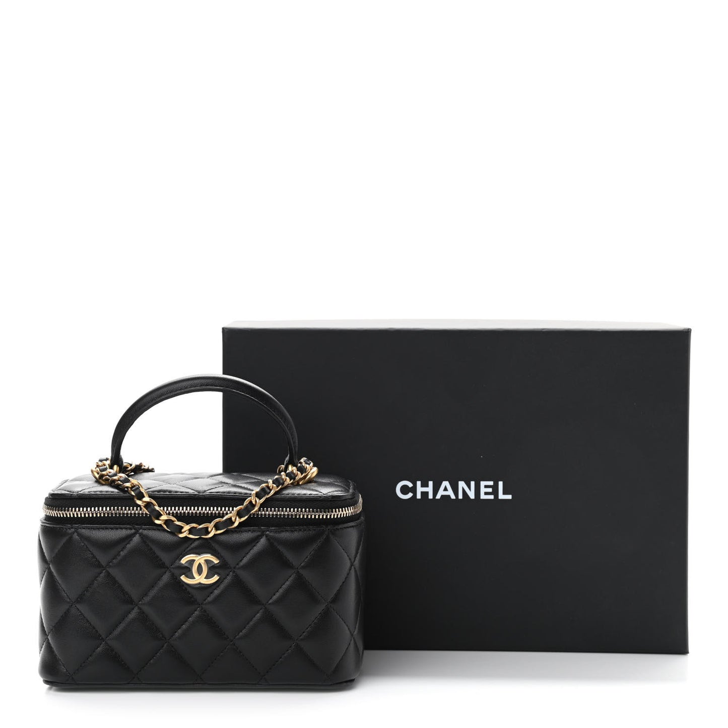 Lambskin Quilted Small Top Handle Vanity Case With Chain Black