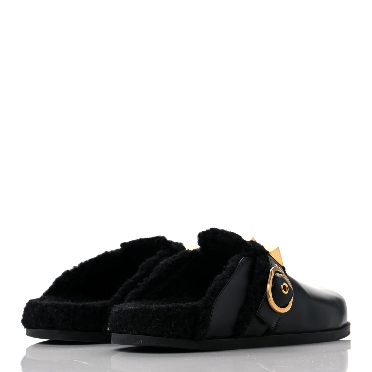 Calfskin Shearling Roman Stud River Slippers 36 Black