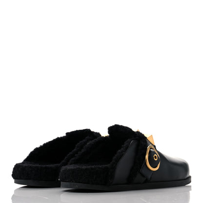 Valentino Garavani Calfskin Shearling Roman Stud River Slippers 36 Black 4 of 7