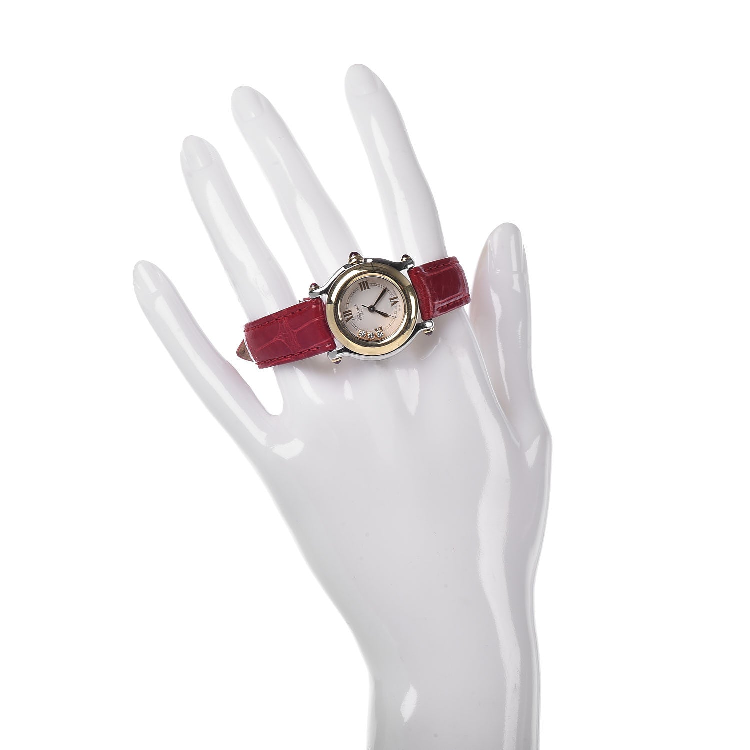 Chopard Stainless Steel 18K Yellow Gold Alligator 3 Diamond Ruby 26mm Happy Sport Quartz Watch 2 of 10