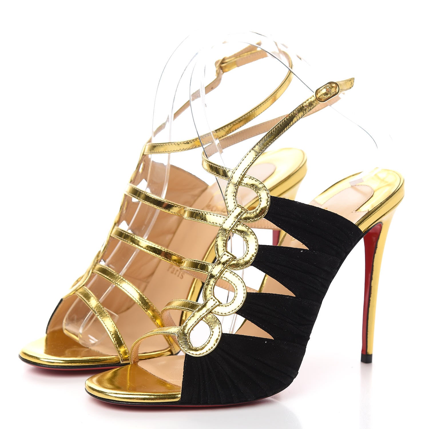 Christian Louboutin Specchio Veau Velours Tina Cage 100 Ankle Strap Sandals 37 Gold Black 3 of 8