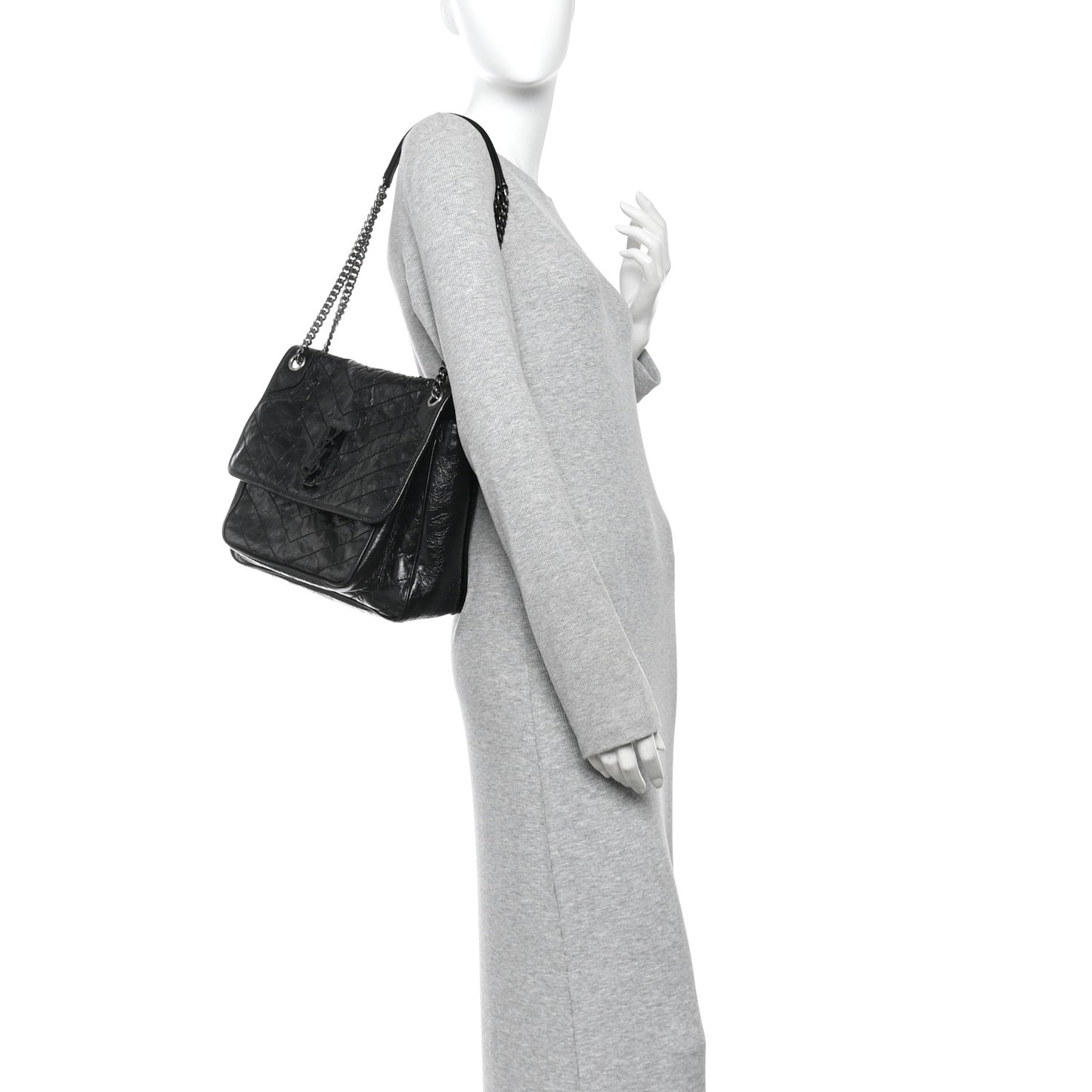 Crinkled Calfskin Matelasse Monogram Large Niki Chain Satchel Black