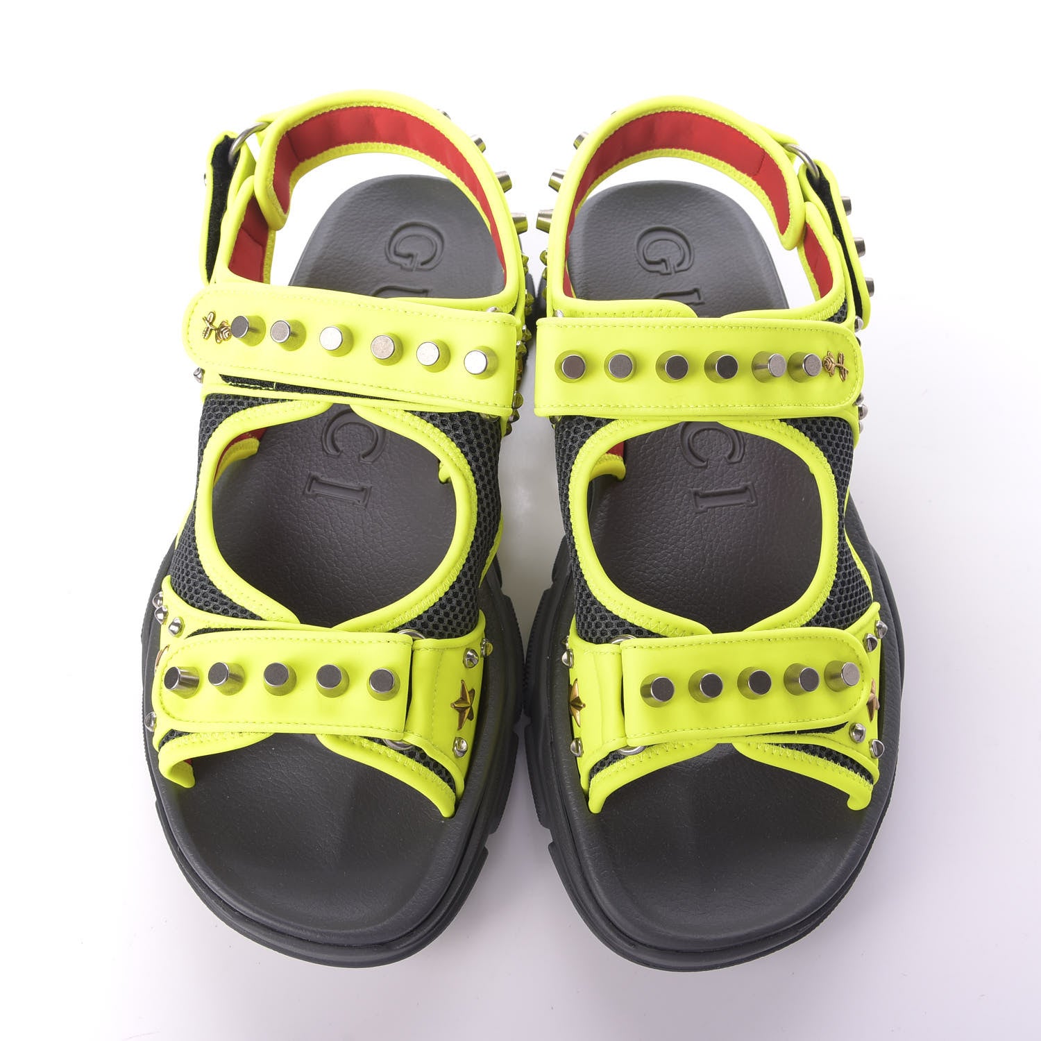 Gucci Technical Canvas Calfskin Studded Mens Aguru Sandals 12 Neon Yellow 6 of 9