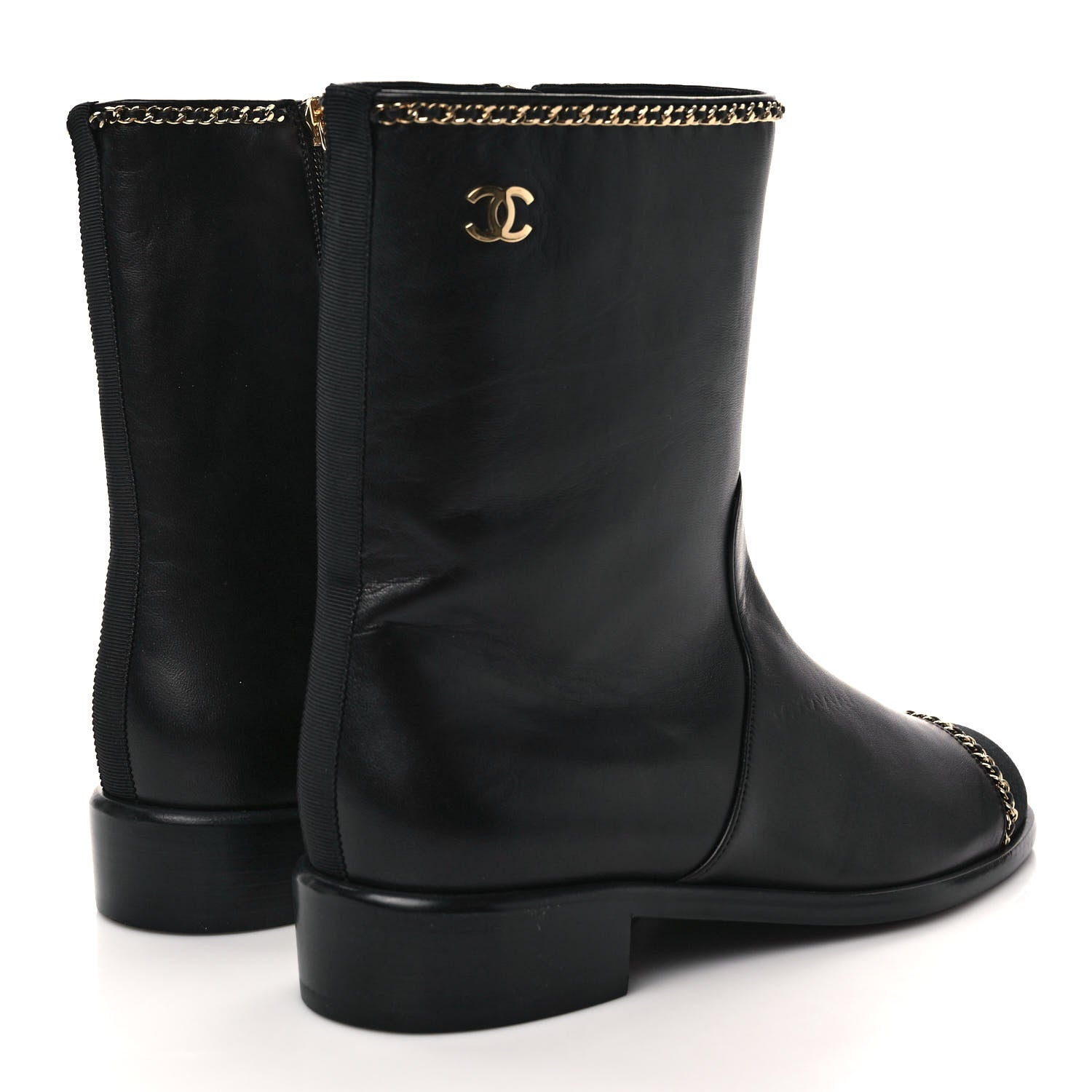 Chanel Lambskin Grosgrain Cap Toe Chain Short Boots 37 Black 4 of 8