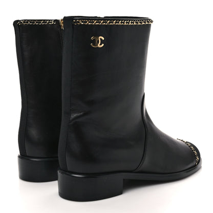 Chanel Lambskin Grosgrain Cap Toe Chain Short Boots 37 Black 4 of 8