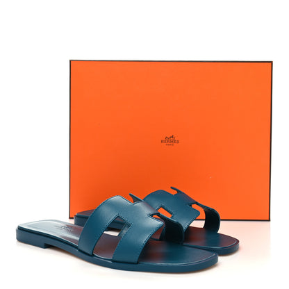 Hermes Calfskin Oran Sandals 37.5 Bleu Emeraude 9 of 9
