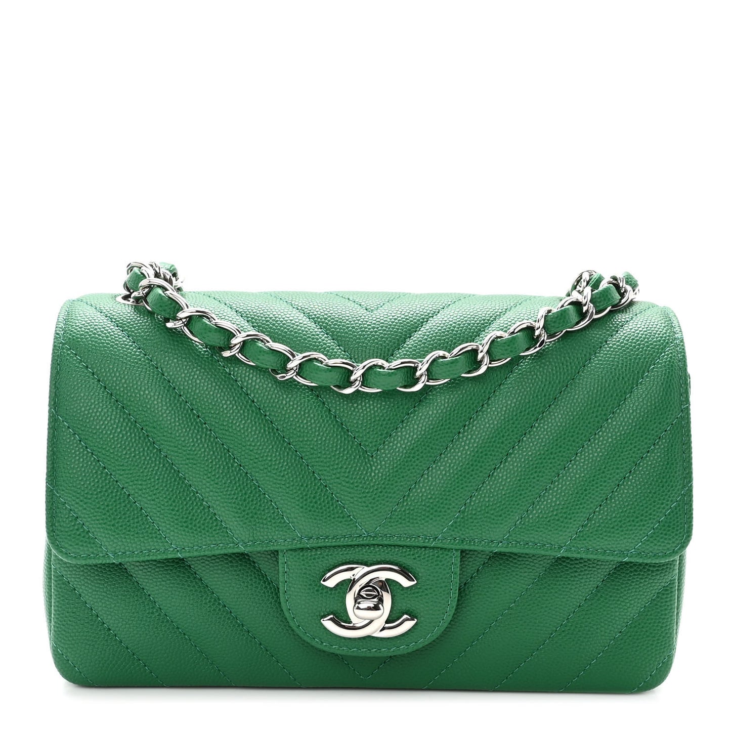 Caviar Chevron Quilted Mini Rectangular Flap Dark Green