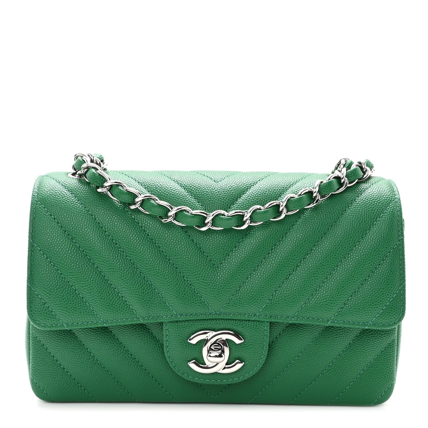 Chanel Caviar Chevron Quilted Mini Rectangular Flap Dark Green 1 of 10