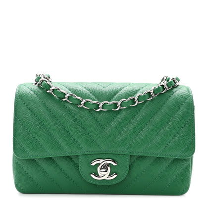 Chanel Caviar Chevron Quilted Mini Rectangular Flap Dark Green 1 of 10