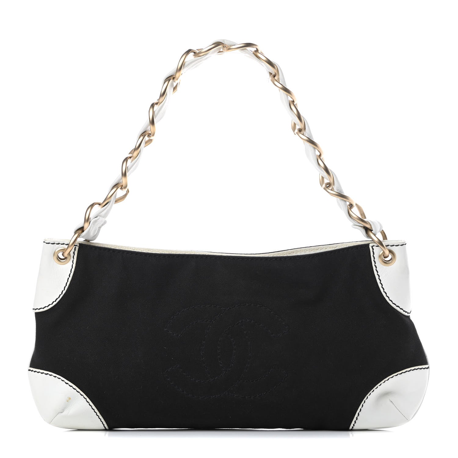 Chanel Lambskin Canvas CC Small Olsen Chain Shoulder Bag White Black 1 of 12