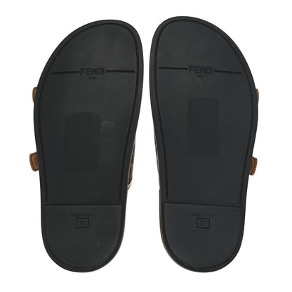 Fendi Fabric Jacquard Nappa FF Womens Fendi Feel Buckled Slide Sandals 37 Tobacco Black Miele Scuro 5 of 14