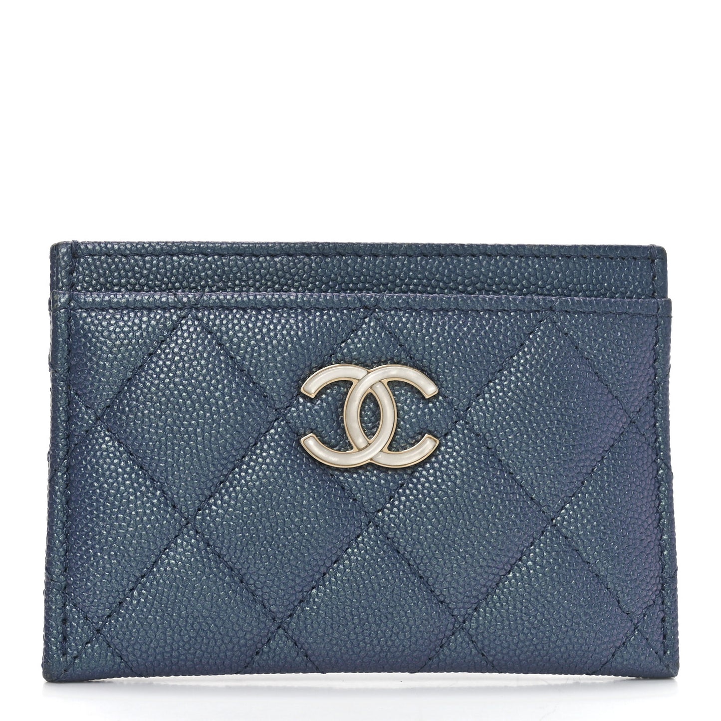 Iridescent Caviar Quilted Card Holder Blue Fonce