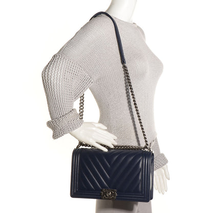 Chanel Lambskin Chevron Quilted New Medium Boy Flap Dark Navy Blue 2 of 9