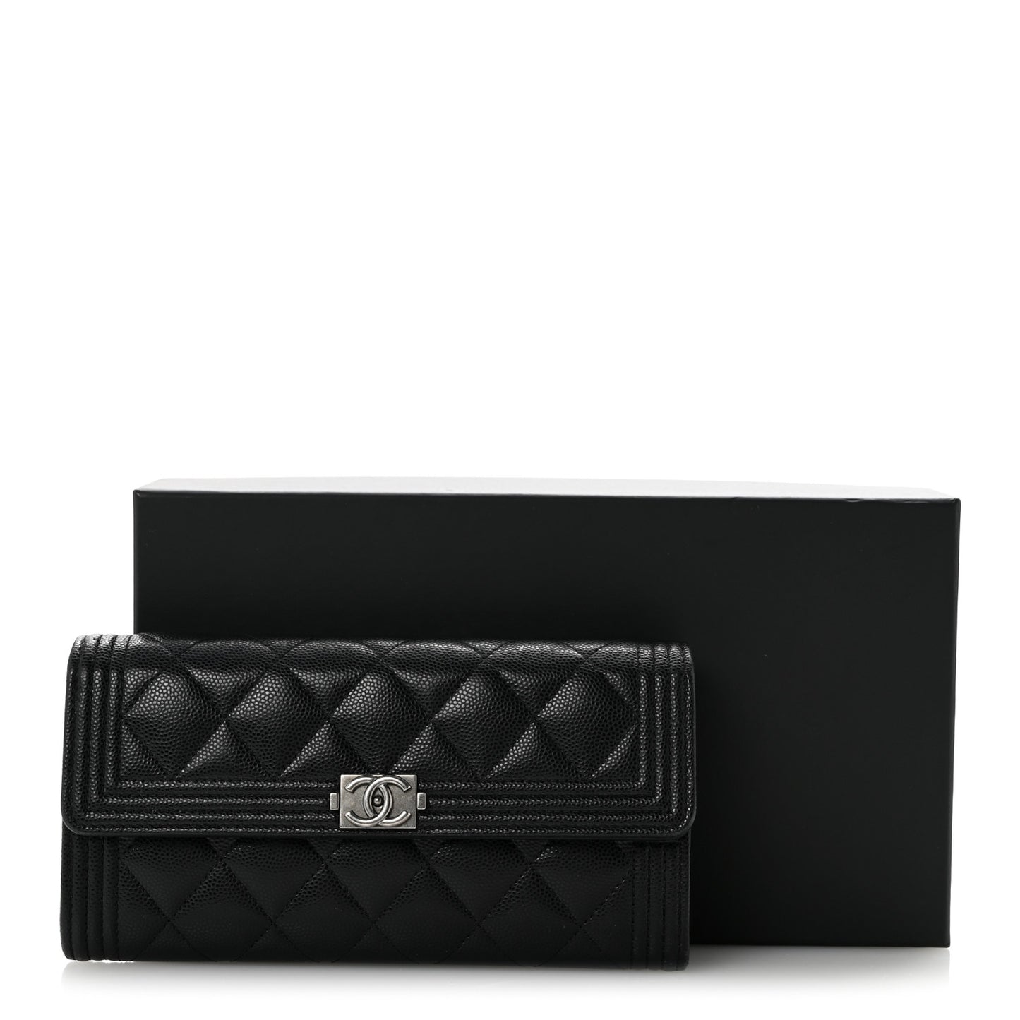 Caviar Quilted Large Boy Gusset Flap Wallet Black