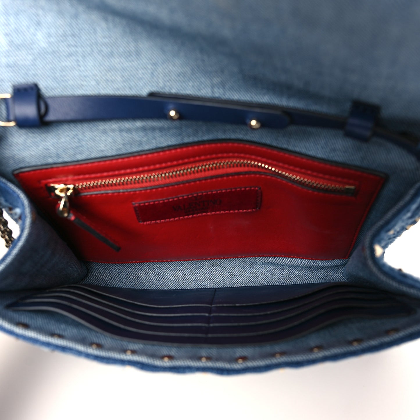 Denim Rockstud Spike Wallet on Chain Blue