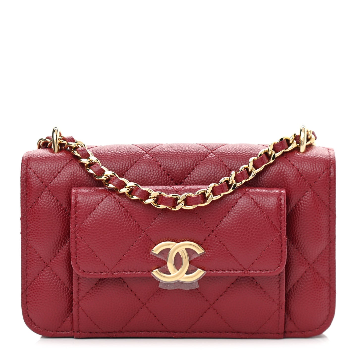 Caviar Quilted Pocket Twins Clutch With Chain Burgundy