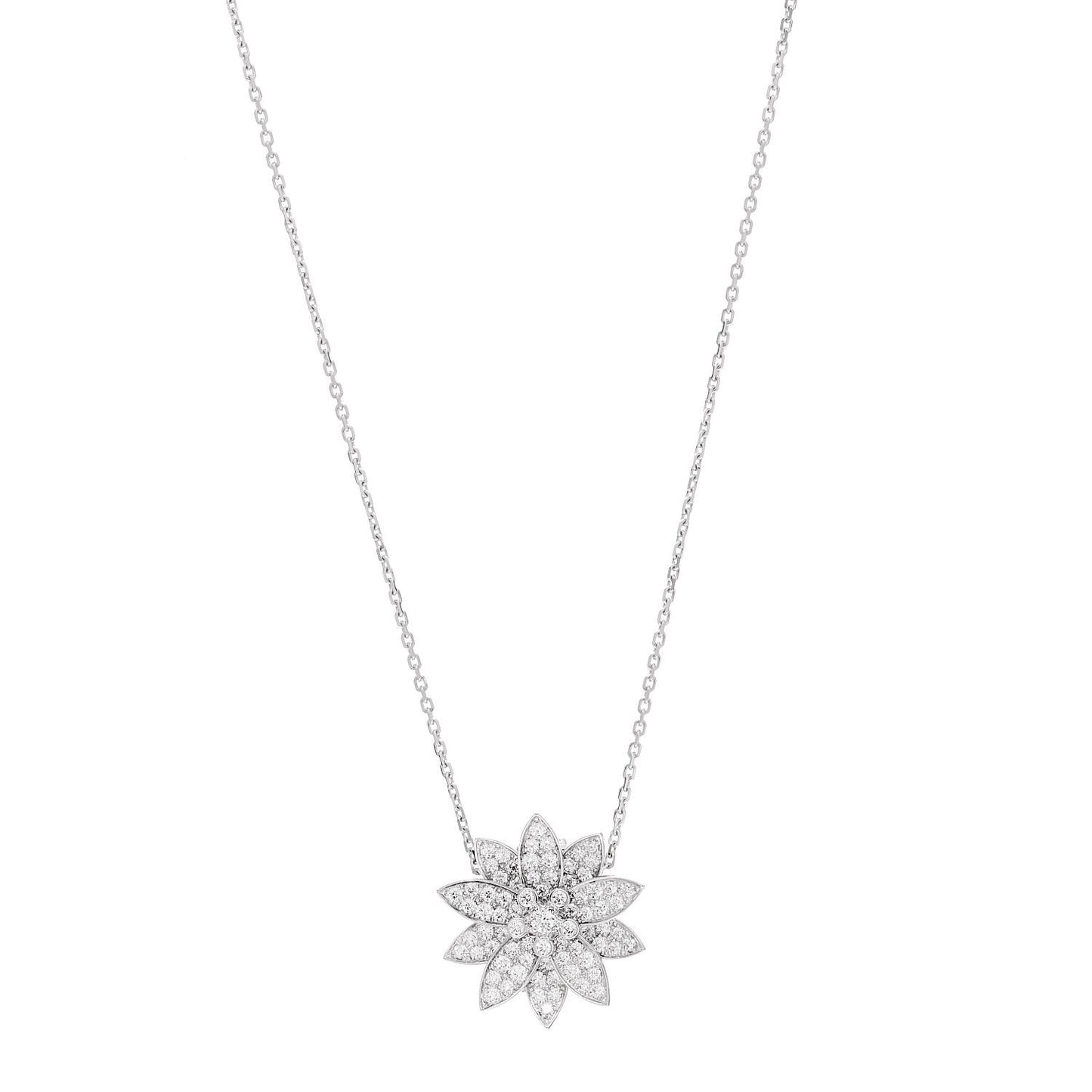 18K White Gold Diamond Medium Lotus Pendant Necklace