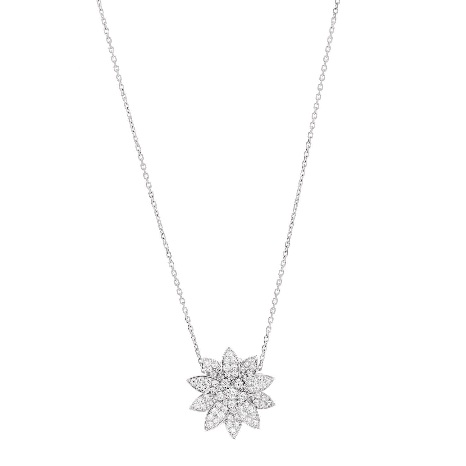 Van Cleef & Arpels 18K White Gold Diamond Medium Lotus Pendant Necklace 1 of 8