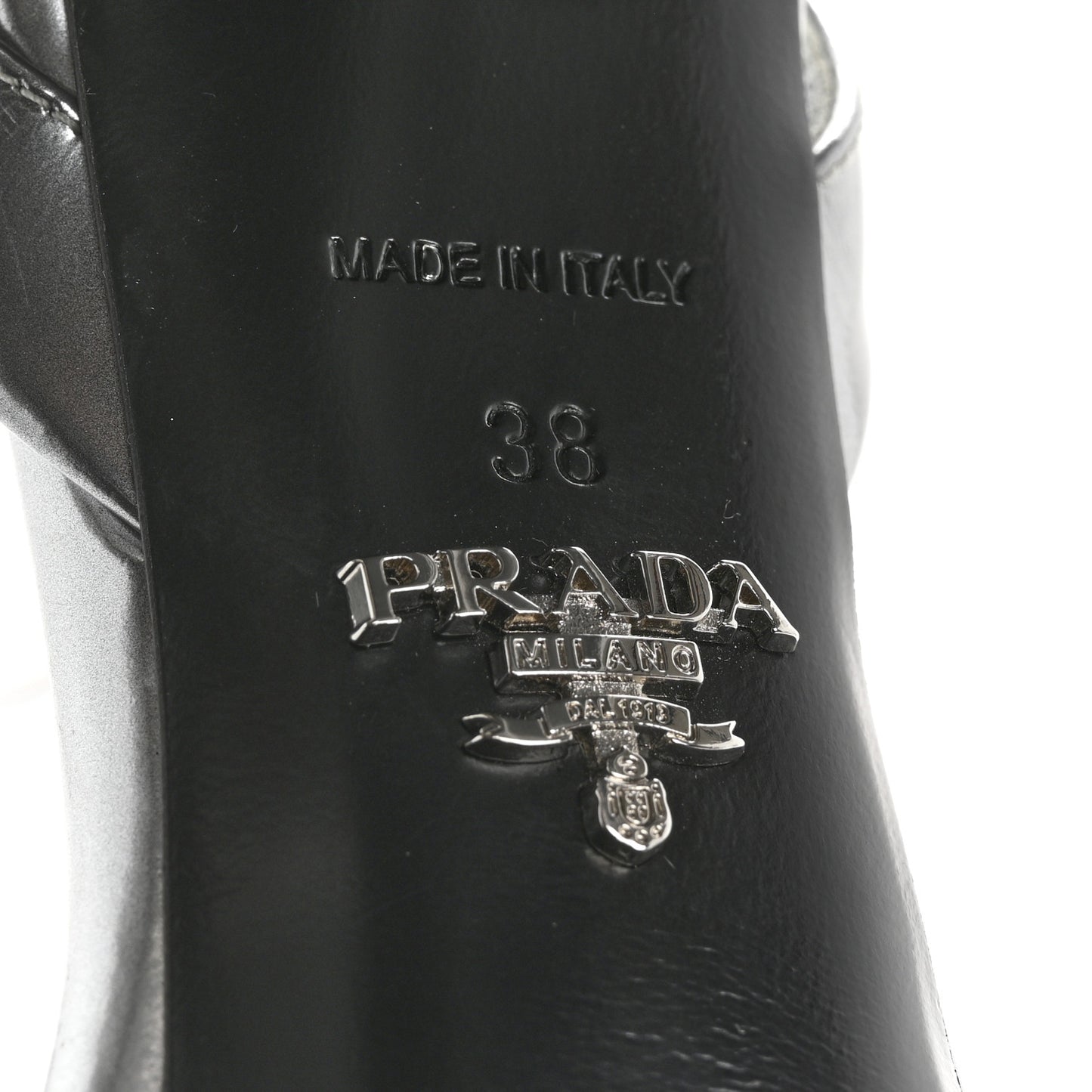 Metallic Calfskin Metal Triangle Logo Ankle Strap 40/115mm Platform Sandals 38 Silver