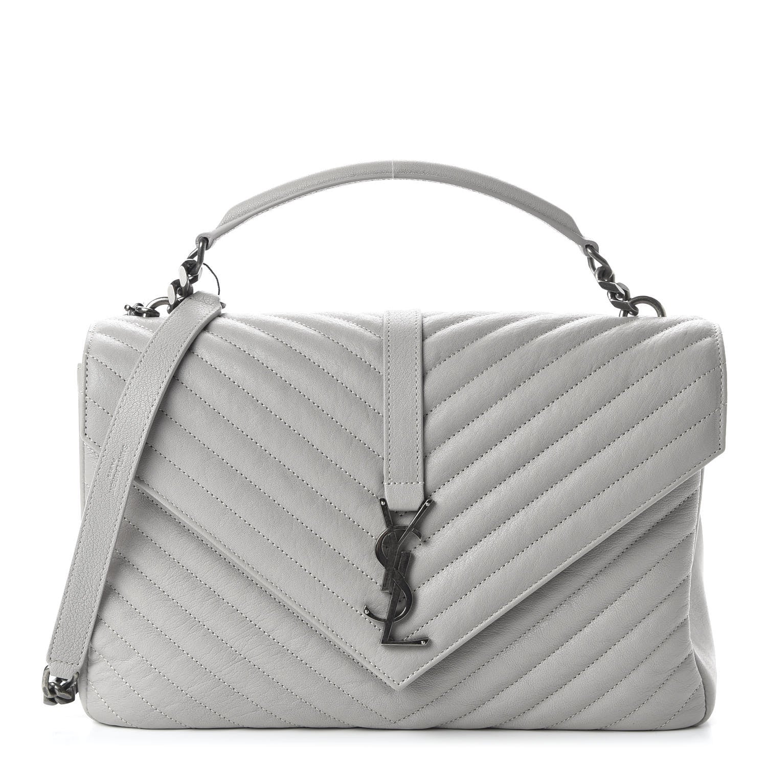 Saint Laurent Sheepskin Matelasse Chevron Monogram Large College Satchel Light Grey 1 of 9