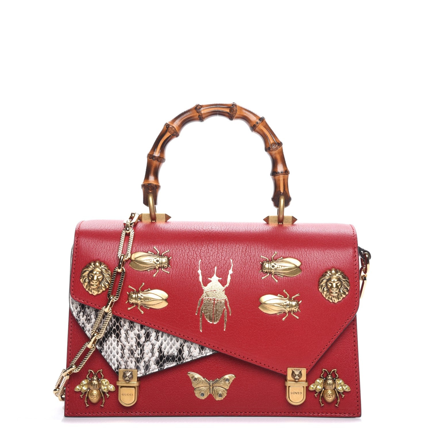 Gucci Calfskin Snakeskin Studded Small Ottilia Top Handle Bag Hibiscus Red 1 of 8