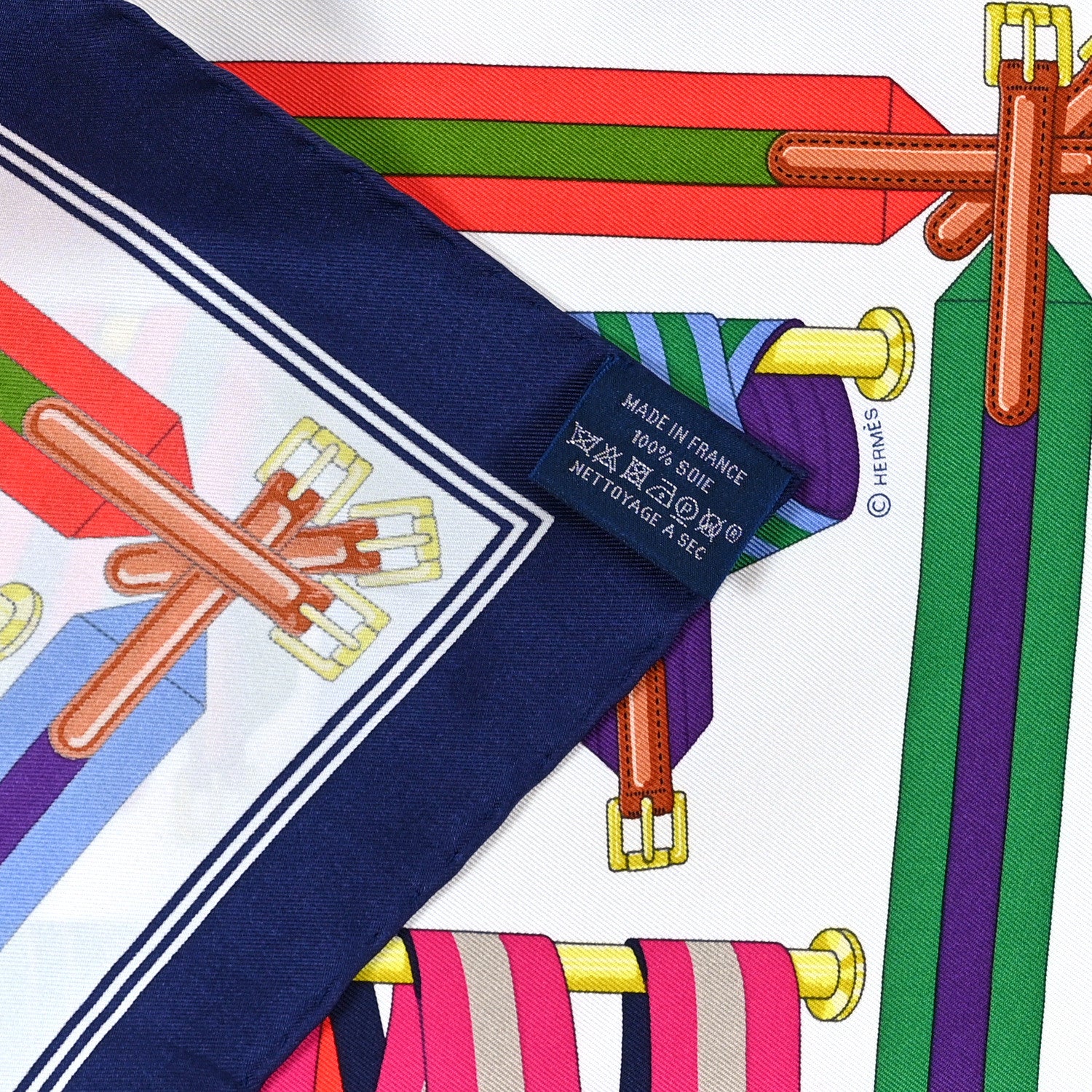 Hermes Silk Les Sangles Pocket Square Scarf Marine White 3 of 3