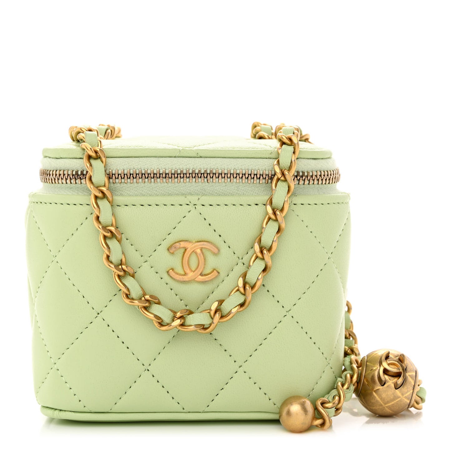 Lambskin Quilted Pearl Crush Mini Vanity Case With Chain Light Green