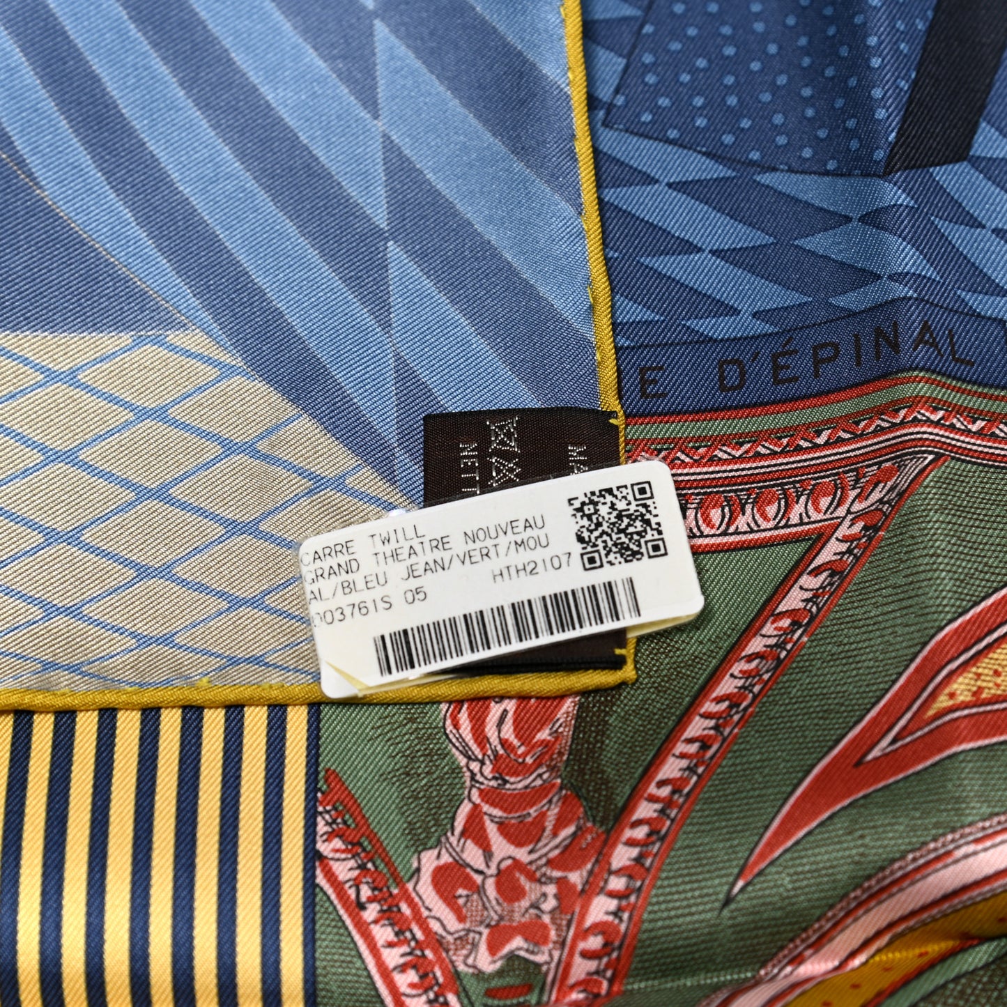Silk Twill Grande Theatre Nouveau Scarf 90 Bleu Jean Vert Moutarde