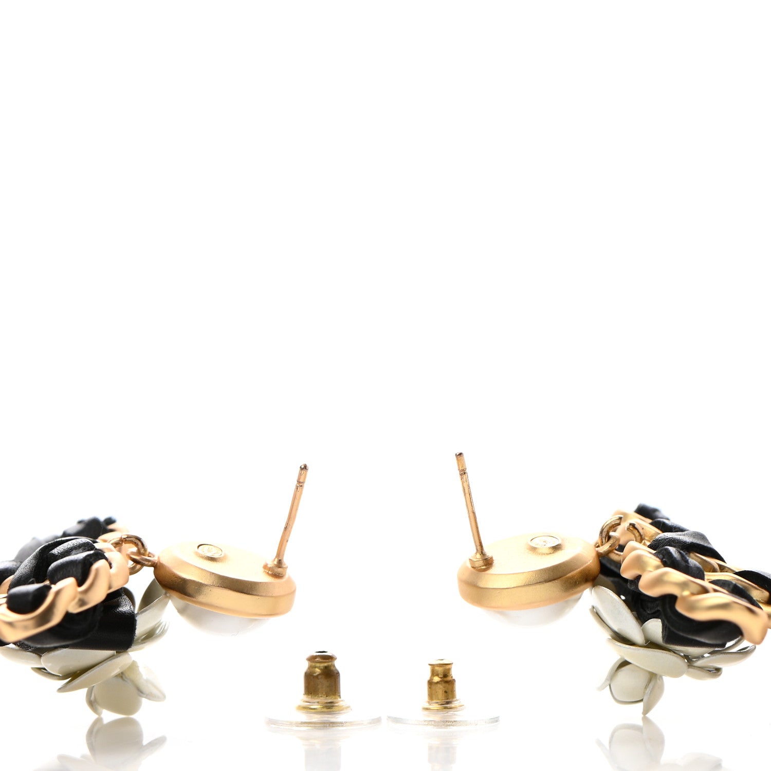Chanel Calfskin Lambskin Pearl Camellia CC Earrings Gold Black 3 of 5