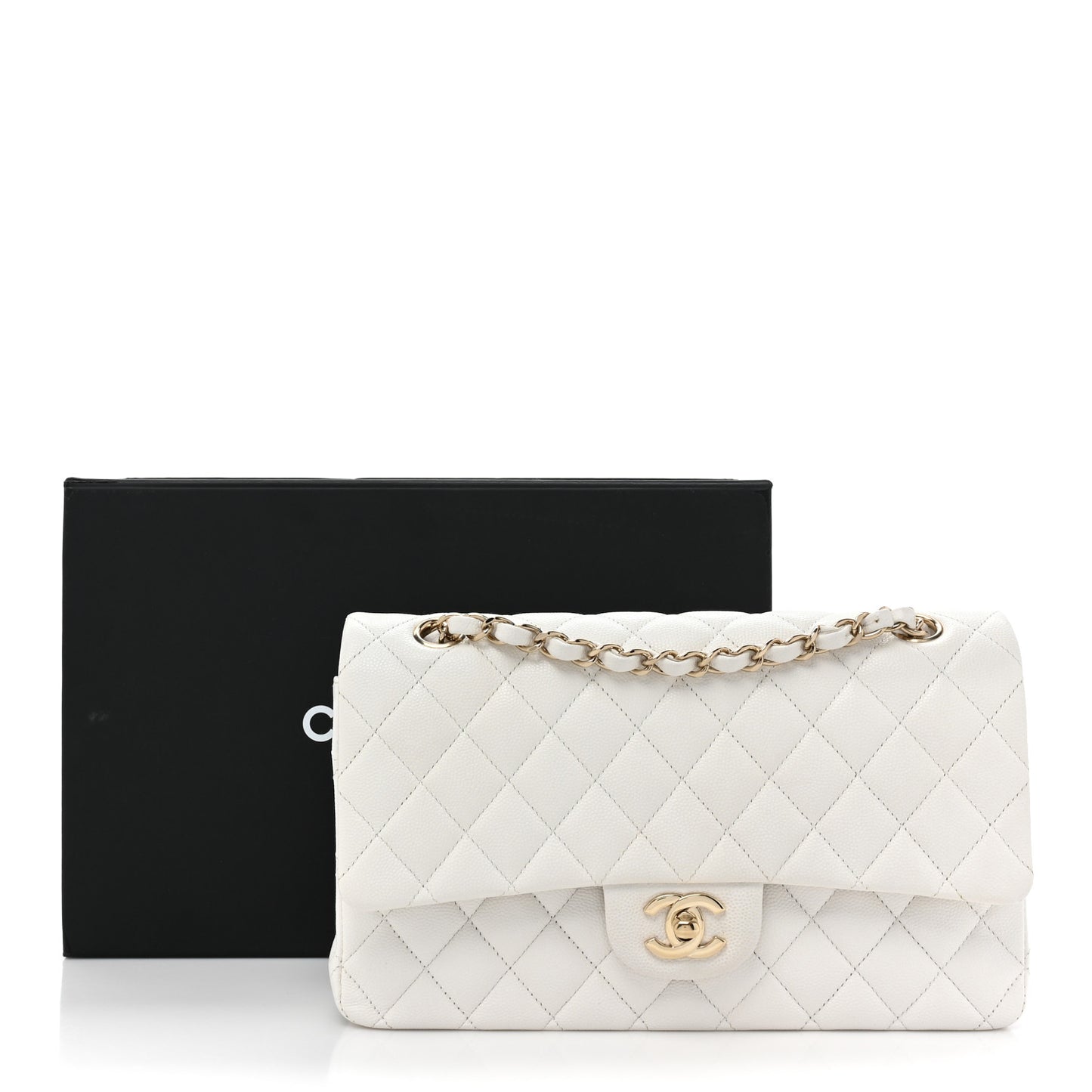 Caviar Quilted Medium Double Flap White