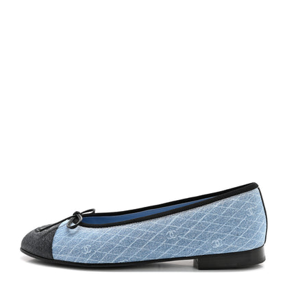 Chanel Denim Printed Quilt CC Cap Toe Ballerina Flats 37.5 Light Blue Dark Grey 1 of 11