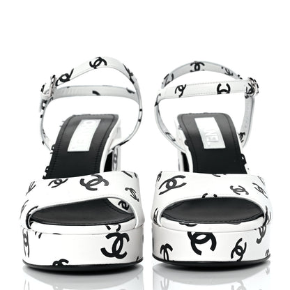 Chanel Printed Lambskin Coco Beach Platform Sandals 40 White Black 2 of 9