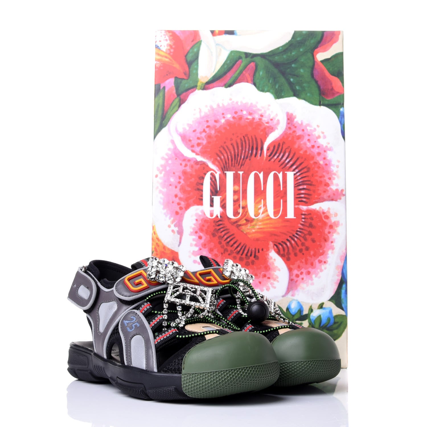Gucci Mesh Fabric Tinsel Sport Sandals 35.5 Black Silver Green 10 of 10