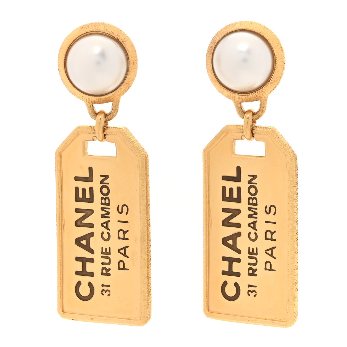 Pearl CC Tags Drop Earrings Gold