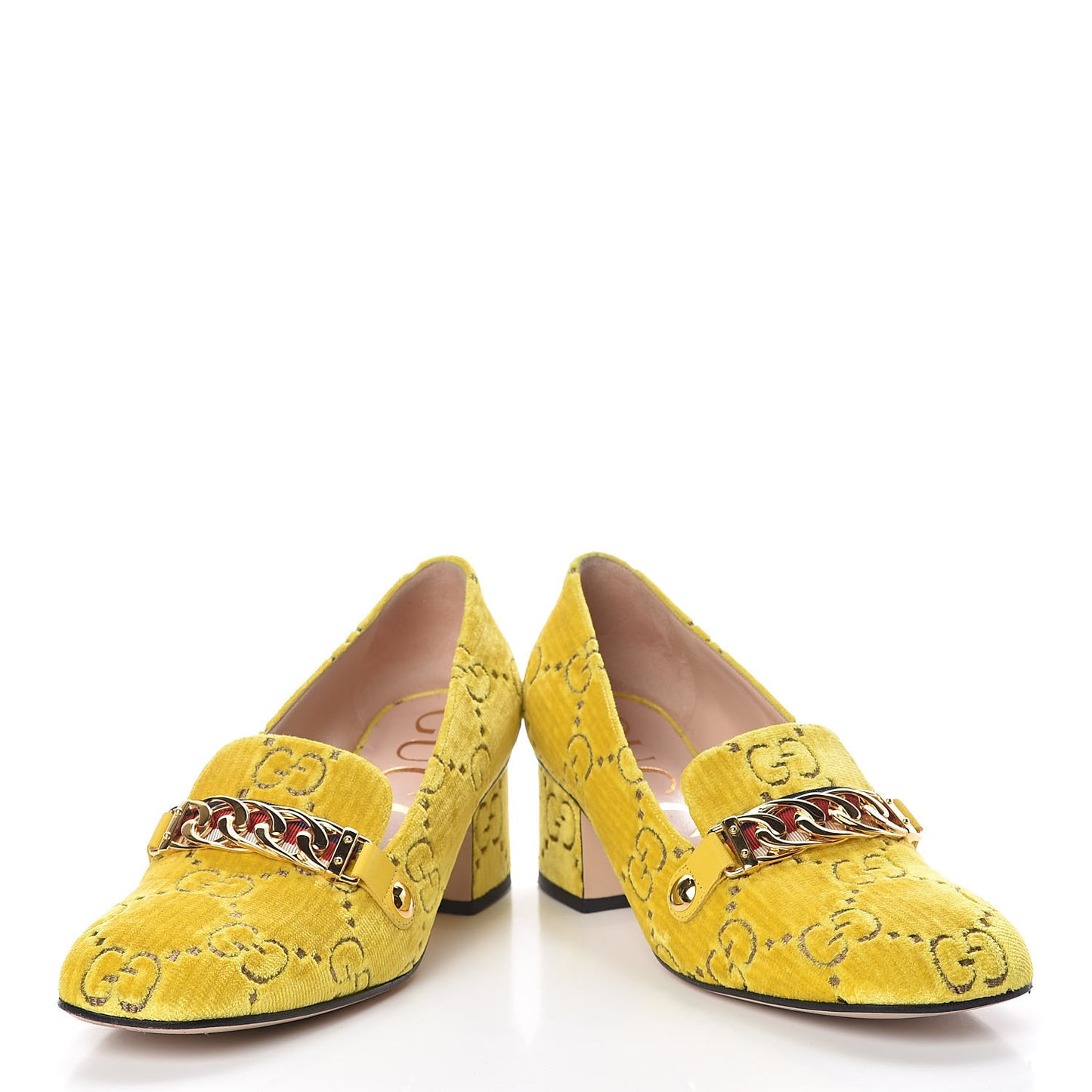 Velvet GG Monogram Sylvie Web Chain Mid Heel Loafers 37.5 Sunny Beige