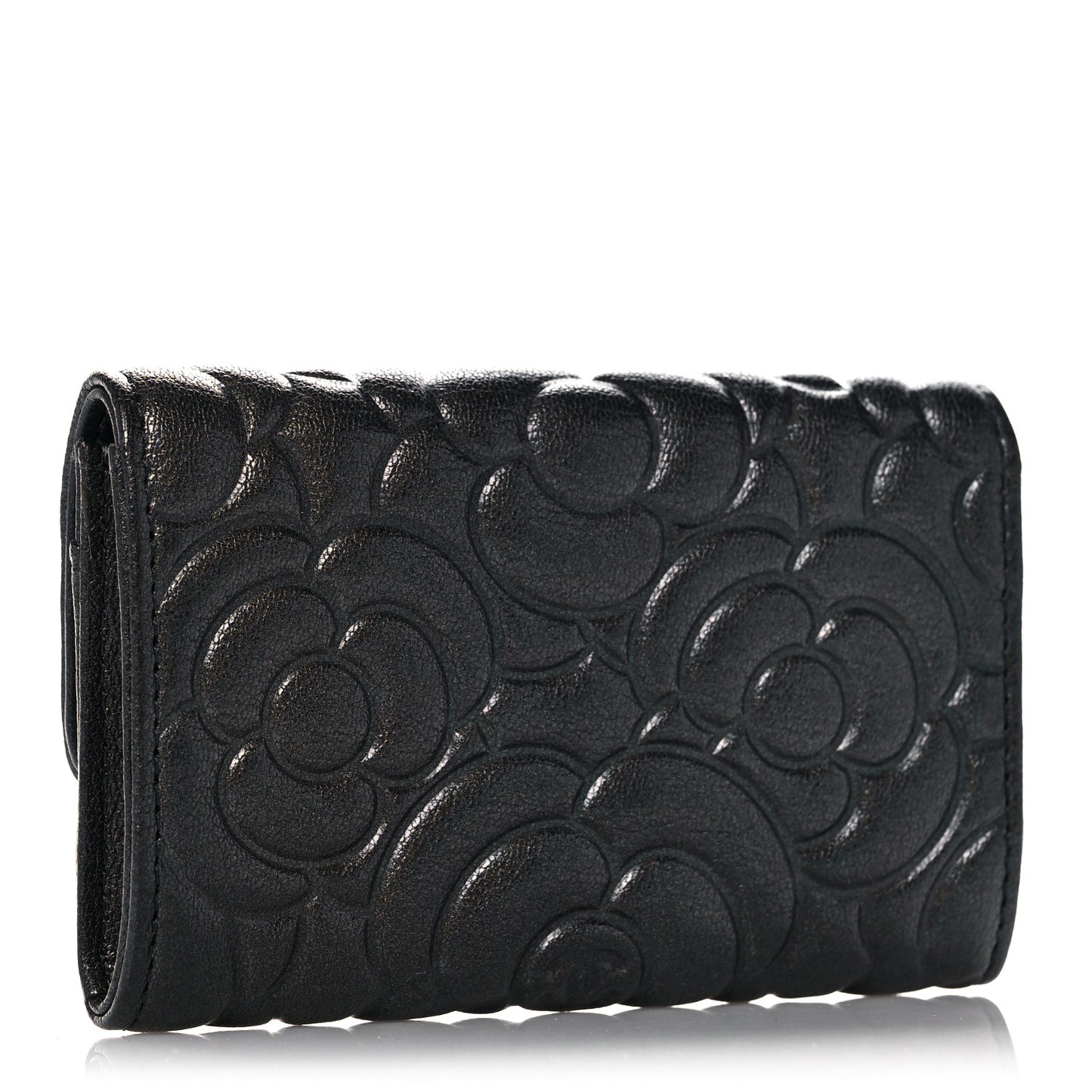 Goatskin Camellia Embossed Flap Card Holder Wallet Grey