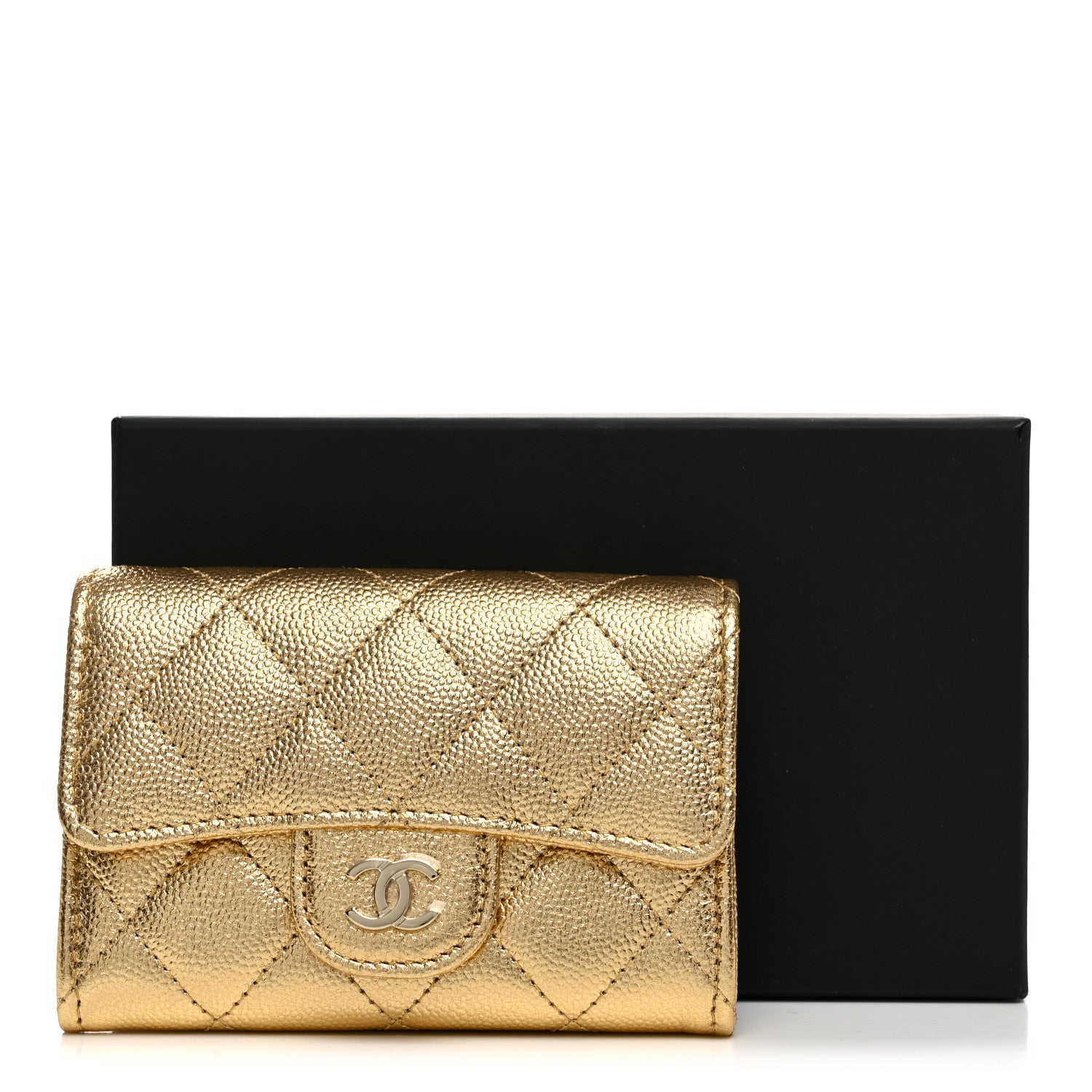 Chanel Metallic Caviar Quilted Flap Card Holder Wallet Gold 9 of 9