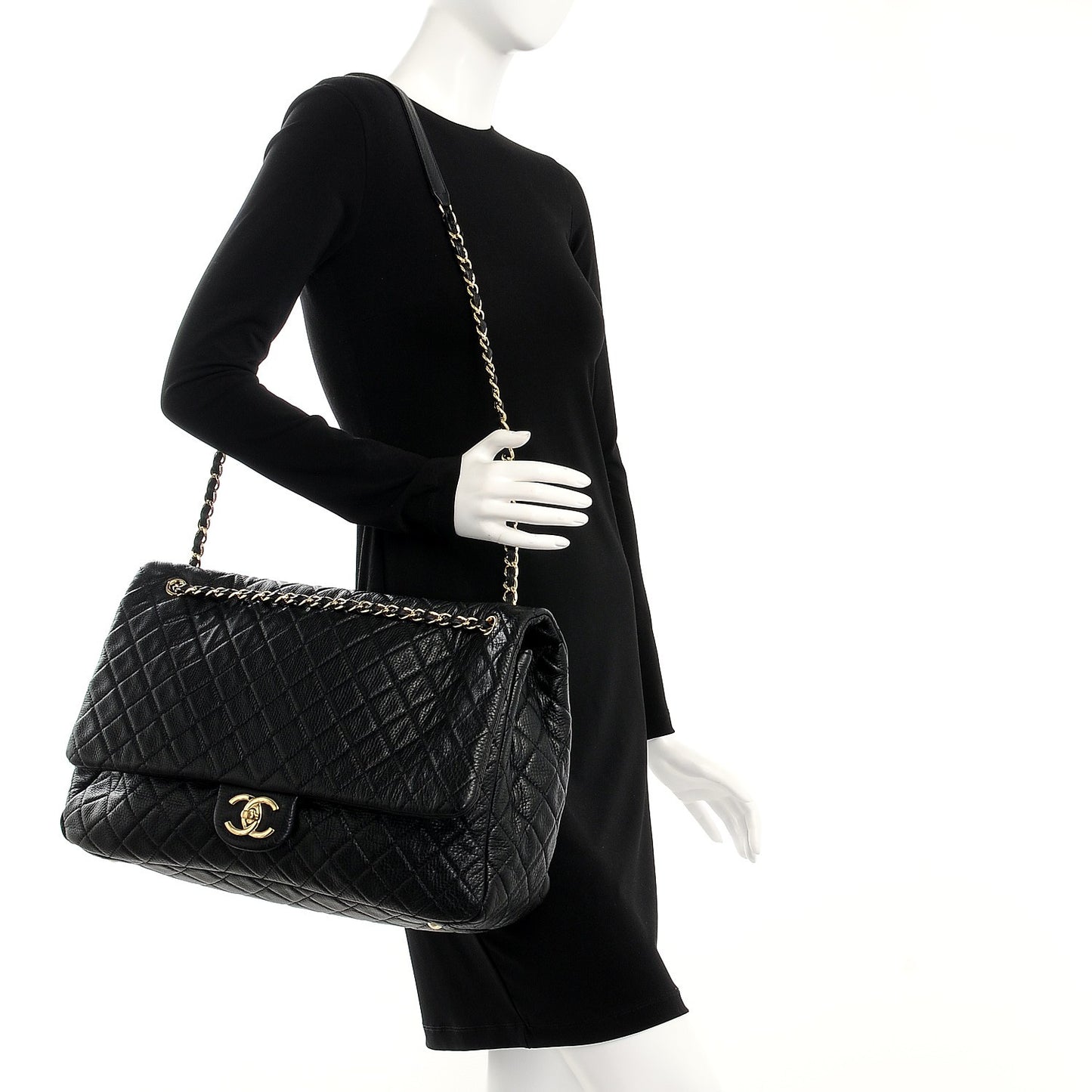 Calfskin Quilted XXL Travel Flap Bag Black