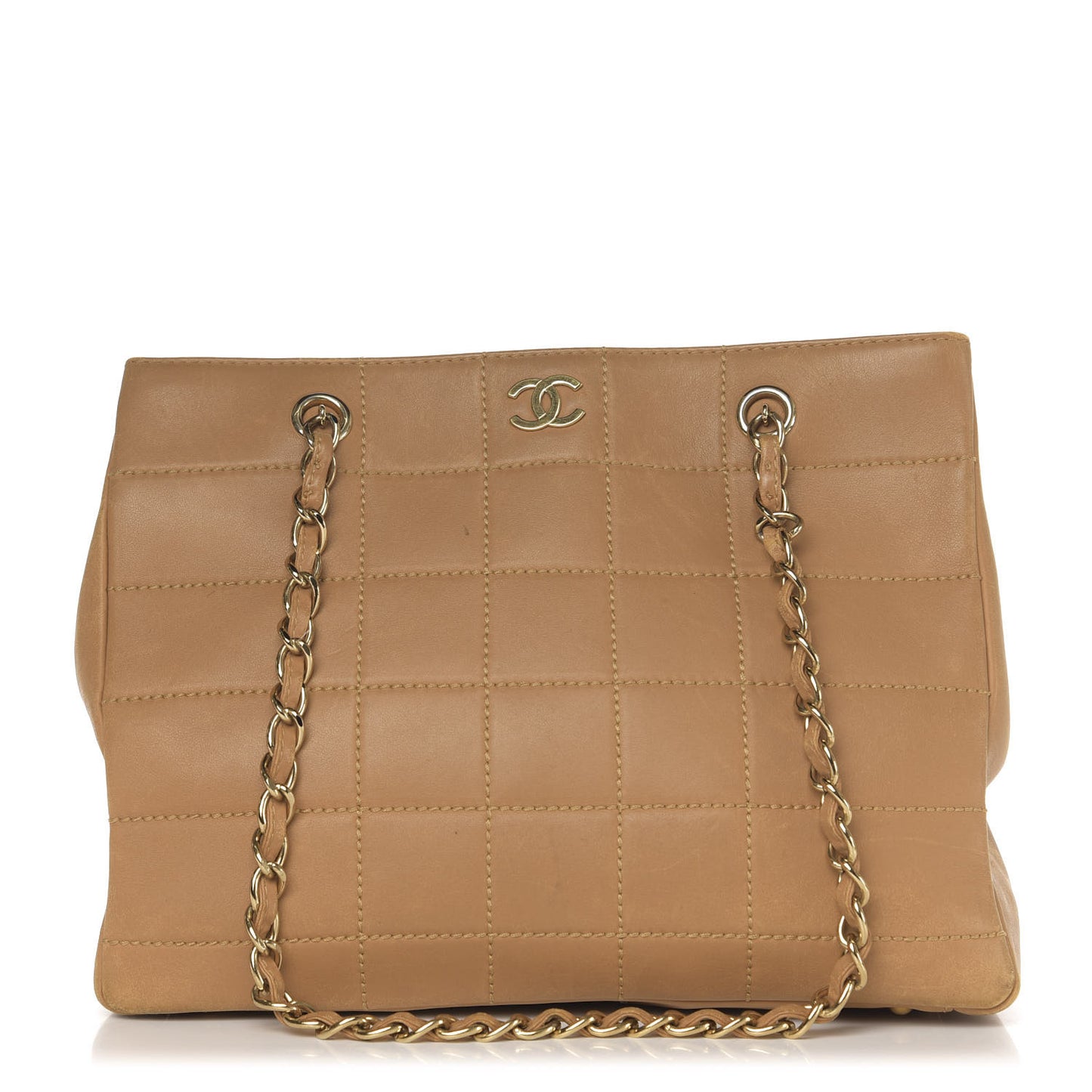 Calfskin Stitched Chocolate Bar Shopping Tote Beige