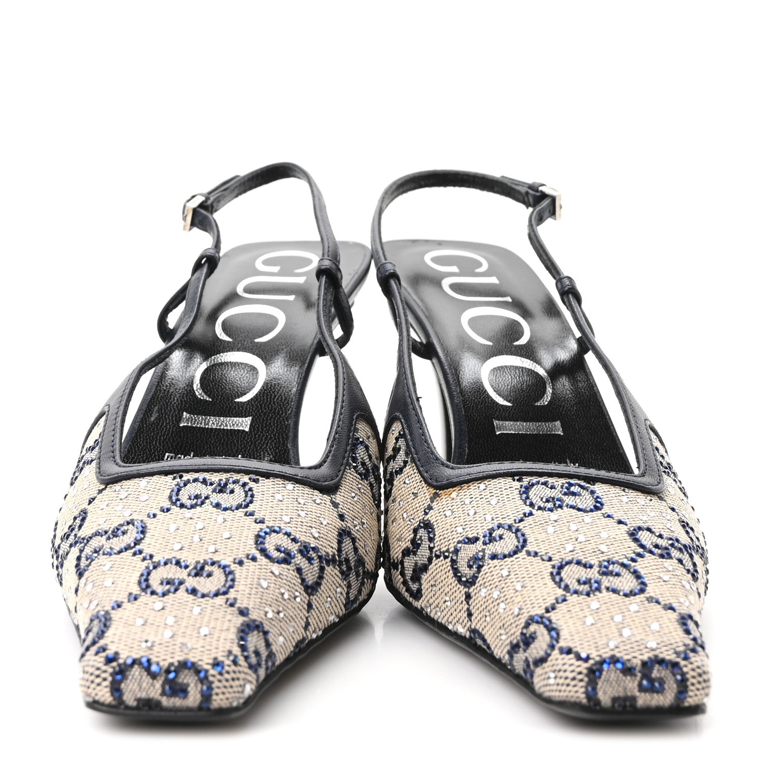 Gucci GG Monogram Malaga Kid Crystal Square G 75mm Slingback Pumps 36.5 Beige Blue 3 of 9
