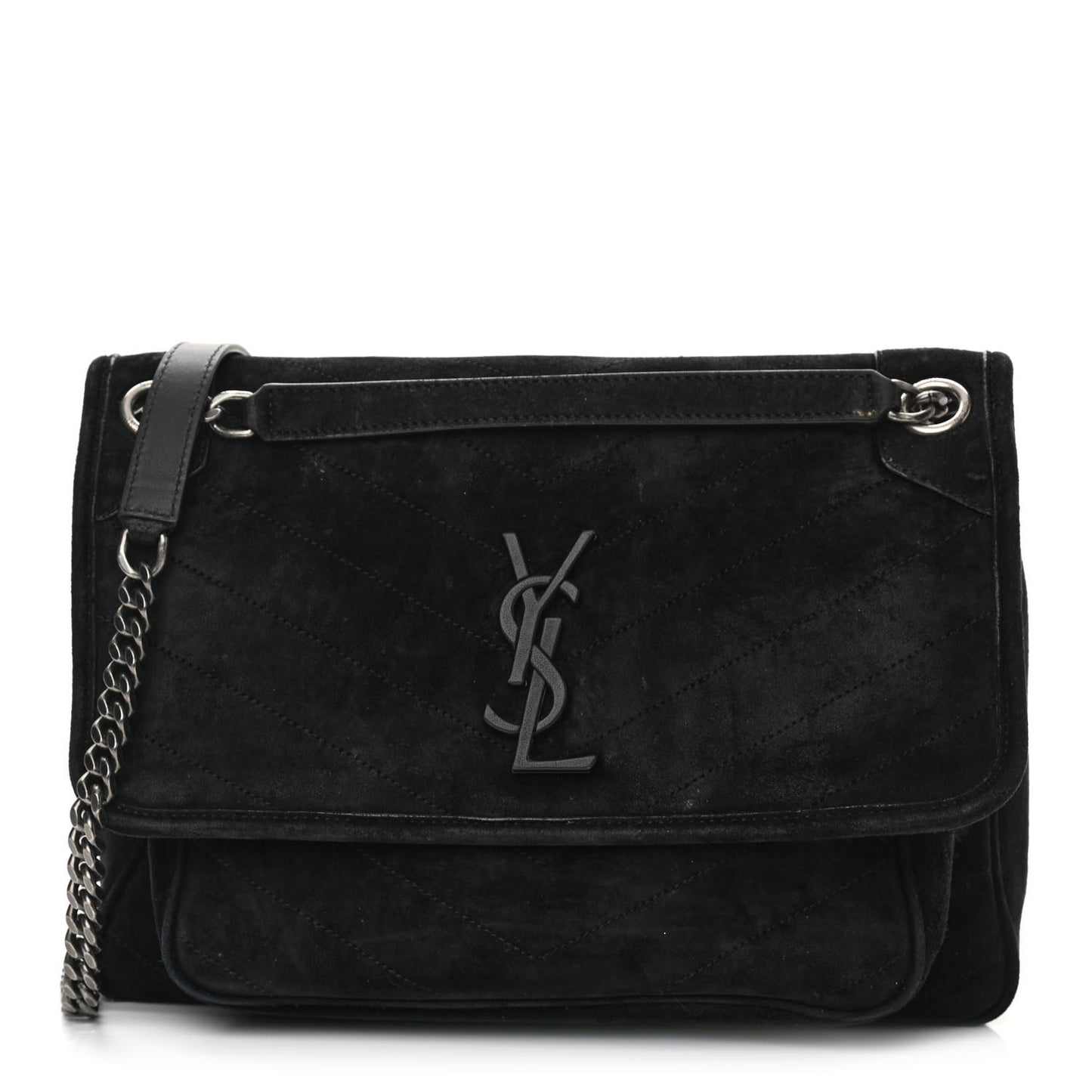 Suede Monogram Medium Niki Chain Satchel Black