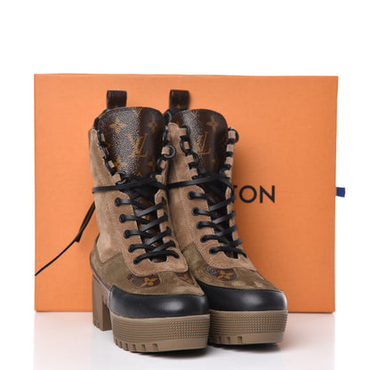 Louis Vuitton Suede Calfskin Monogram Laureate Platform Desert Boots 35 Taupe 8 of 8